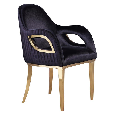 Title: Enhance Your Dining Room with the AUZ Exquisite Black Velvet Semi-Circular Dining Chair  Subtitle: Unique Design and Gold Accents for a Stylish Dining Experience  The AUZ black velvet semi-circular dining chair is a refined addition to any dining room, designed to add a touch of elegance. With its semi-circular design and unique groove backrest, this chair provides excellent support for your back. The elastic sponge padding and luxurious black velvet interior offer a comfortable seating experience, perfect for extended meals or work sessions. The soft and cozy feel of the black velvet material complements any interior decor effortlessly.  The chair features gold polished metal legs, giving it a modern and stylish look. The curved rear legs provide stability and support, while the upright front legs ensure ample legroom. This dining chair is sturdy and durable, perfect for the demands of a dining room.  The AUZ dining chair is versatile and practical, suitable for various activities from enjoying meals to reading or doing makeup. With dimensions of 21.2"D x 22"W x 33"H, it fits comfortably in different spaces. It can easily accommodate guests with its extendable design, making it an excellent choice for those who love to entertain. Its beautiful design and comfortable seating make it a perfect addition to any home.  The black velvet material offers a myriad of benefits. It not only looks luxurious and upscale but also provides a cozy and comfortable seating experience. Its soft and warm texture creates a welcoming atmosphere, perfect for spaces like dining rooms that require a comfortable ambiance. The semi-circular design of the chair adds to its enveloping and comfortable nature, ensuring a superior seating experience.  The combination of black and gold is undeniably stylish and modern. Black and gold are a classic pairing, complementing each other and exuding sophistication. This combination adds a touch of elegance and comfort to the AUZ dining chair, making it a statement piece in your dining room.  Overall, the AUZ exquisite black velvet semi-circular dining chair offers a perfect blend of comfort and style. Its unique design, featuring a semi-circular shape and gold accents, elevates the dining experience. Embrace elegance and comfort in your dining room by investing in the AUZ dining chair, and enjoy its timeless appeal for years to come.
