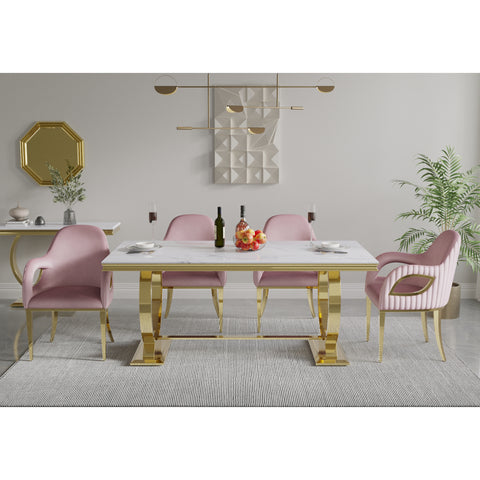 This 6-person dining set is the perfect combination of a white and gold dining table with Pink velvet armchairs. The unified gold metal framework creates a harmonious feel between the table legs and chair legs, while the Pink velvet contrasts beautifully with the white tabletop. Overall, this set is the ideal choice for anyone who wants a stylish and modern dining experience.