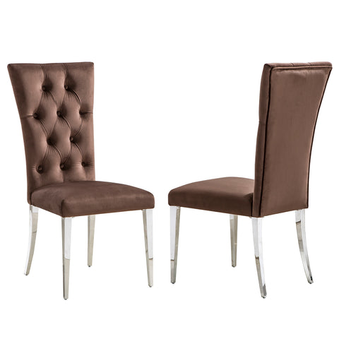 When it comes to creating an inviting and stylish dining space, choosing the right furniture is essential. Brown velvet upholstered dining room chairs with deep buttons tufted back and silver mirror stainless steel legs are a perfect choice that combines elegance with comfort.