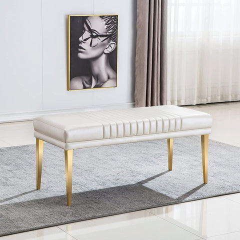 White Leather Bench with Channel design looks beautiful and elevates the look of your dining table, seats two people, looks very elegant and very sturdy, is very easy to assemble, also very well packaged. The Golden stainless steel legs make this gold bench durable enough to support 600 lbs for 2 people. The foot pad can not only prevent slipping but also prevent the floor from being scratched.