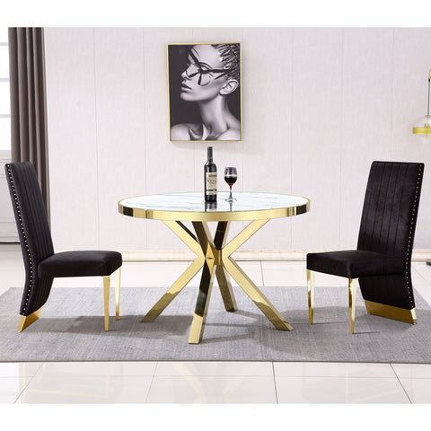 Introducing the AUZ furniture black velvet dining chair and high gloss white round table combination, where modern meets luxury. The dining chair boasts a channel high back design with black velvet upholstery that evokes a sense of elegance and sophistication. The nail head trim adds a chic touch, while the metal gold legs provide a sleek and refined finish.  Paired with the dining chair is the round table, featuring a high gloss white top that adds a contemporary and modern touch to any dining space. The gold metal X legs not only provide a sturdy base but also bring a touch of luxury to the design. The mirror gold finish adds a glamorous and opulent touch, creating an atmosphere of grandeur.  Together, the AUZ furniture dining chair and table combination create a perfect blend of modern style and timeless luxury. With their exquisite design elements of nail head trim, metal gold legs, black velvet upholstery, high gloss white top, gold metal X legs, and mirror gold finish, this combination is sure to elevate any dining area to a new level of sophistication and glamour.