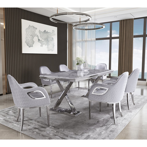 Introducing AUZ's stunning dining set, Complementing the chairs is our exquisite dining table, featuring a high gloss gray top that exudes luxury and sophistication. The metal X-shaped legs in a mirror silver finish not only provide a sturdy foundation but also serve as an eye-catching focal point of the table's design. The spacious 72'' rectangular top offers ample space for all your dining needs, allowing you to host memorable gatherings with ease.  This dining set is the epitome of modern elegance, combining comfort, style, and functionality in one exquisite package. Upgrade your dining space with this stylish combination of chairs and table, creating a captivating atmosphere for every mealtime gathering.