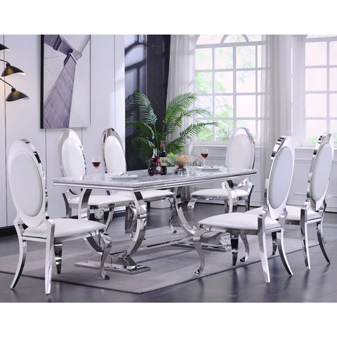 Sleek dining table with rectangular MDF table top, mirrored stainless steel frame, and polished metal U-base, boasting clean lines, chic accents, and a striking silhouette. Bring this dining table set into your dining space. The white interior is perfectly paired with the slim silver-tone metal legs, impressing your guests when they use this chair.