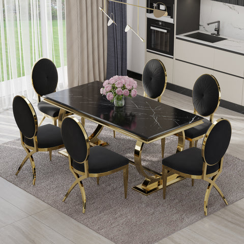 Introducing AUZ‘s luxurious dining set, featuring sleek black velvet chairs with square conical/X-shaped legs and a round backrest, complemented by a high gloss Black rectangular table with a gold metal U base in a mirror gold finish. This perfect pairing exudes opulence and creates a captivating focal point in any dining space. With a spacious 72" tabletop, this dining set is perfect for hosting family gatherings and entertaining guests in style.