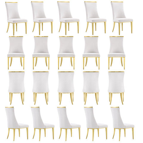 Transform your dining space into a luxurious haven with the White Gold Velvet Dining Chairs. These chic chairs boast a combination of white gloss velvet upholstery and gold mirror metal legs, creating a stylish and futuristic look. With their unique backrest design and comfortable structure, these chairs not only elevate the aesthetics of your dining area but also offer a cozy and inviting seating experience.