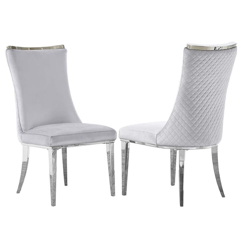 Title: Elevate Your Dining Space with Light Grey Velvet Dining Chairs  Introduction: Adding a touch of elegance and sophistication to your dining space is now possible with the Light Grey Velvet Dining Chairs. These stylish chairs boast a combination of silver grey gloss velvet upholstery and silver mirror metal legs, creating a modern and futuristic aesthetic. Not only do they enhance the visual appeal of your dining area, but they also provide ample comfort and support for a truly enjoyable dining experience.  Benefits of Light Grey Velvet Dining Chairs:  1. Stylish and Contemporary Design: The silver grey gloss velvet upholstery combined with the silver mirror metal legs gives these chairs a sleek and sophisticated look. This modern and future-oriented design creates a sense of openness, making your dining space appear bigger and brighter.  2. Eye-Catching Backrest Design: The unique diamond-shaped texture and the silver top decorated back of these chairs make them a captivating artwork in your room. The intricate detailing not only adds visual interest but also serves as a focal point, attracting the attention of your guests.  3. Comfort and Durability: The dining chairs feature a stable stainless steel frame, ensuring durability and longevity. The high-quality sponge filling provides a comfortable seating experience, allowing you and your guests to relax and enjoy your meals without any discomfort. With a weight capacity of 550 lbs, these chairs are sturdy and suitable for various body types.  Matching Suggestions:  1. Neutral and Versatile: The light grey velvet upholstery of these dining chairs allows for effortless integration into various interior styles. Whether your dining space follows a contemporary, modern, or even minimalist aesthetic, these chairs will seamlessly blend in and complement your existing decor.  2. Monochromatic Elegance: Create a sophisticated and cohesive look by pairing the light grey velvet dining chairs with a sleek and minimalist dining table in silver or white. This monochromatic color scheme gives your dining space a timeless and elegant appeal.  3. Bold Accents: If you prefer a more eclectic and vibrant dining area, consider adding bold accents through accessories or other furniture pieces. For example, pairing the light grey velvet chairs with a vibrant colored table or bold patterned curtains can create a visually striking and unique dining space.  Conclusion:  The Light Grey Velvet Dining Chairs offer both style and comfort, elevating your dining space to new heights. With their silver grey gloss velvet upholstery, silver mirror metal legs, and eye-catching backrest design, these chairs serve as an artwork in your room while providing a comfortable seating experience. Whether your interior style is contemporary, modern, or eclectic, these chairs seamlessly blend in and add a touch of elegance. Invest in the Light Grey Velvet Dining Chairs to transform your dining space into a sophisticated and inviting area for memorable meals and gatherings.