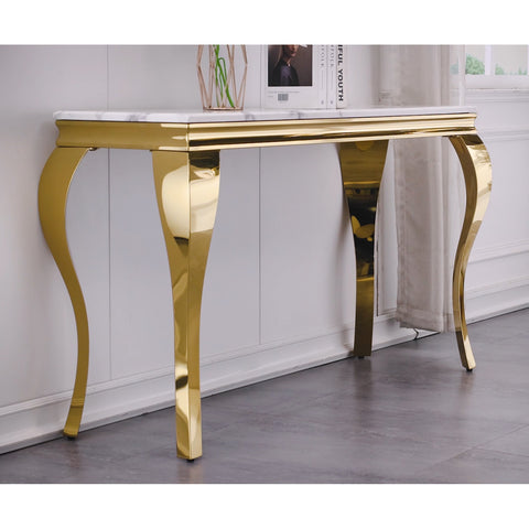 Title: Elevate Your Space with the AUZ White and Gold Entryway Table  Introduction: A well-designed entryway sets the tone for the rest of your home. The AUZ White and Gold Entryway Table is the perfect combination of style and functionality that effortlessly adds a touch of sophistication to any space. With its sleek white textured table top and elegant gold polished metal curved legs, this console table not only enhances the aesthetics but also offers practicality. In this blog, we will explore the features and advantages of the AUZ Entryway Table and how it can elevate your living space.  1. Stylish Focal Point: The AUZ Entryway Table features a white textured top that beautifully contrasts with the gold polished metal curved legs, creating a special focal point in your space. The elegant design adds a luxurious touch that complements different interior styles. Be it a contemporary, modern, or traditional setting, this console table effortlessly blends in, enhancing the overall aesthetics.  2. Versatile Size: With dimensions of 50''L*30''W*16''H, this console table is the perfect size for various occasions. Whether placed in the entryway, living room, or hallway, it adds a touch of elegance wherever it is positioned. Additionally, it can also serve as a sofa console table, offering convenience and versatility in its usage.  3. Durable and Stable Construction: Crafted with a stainless steel frame, the AUZ Entryway Table ensures long-term durability and stability. It is designed to withstand the test of time, making it a reliable investment for your home. The solid construction not only guarantees the table's longevity but also provides a sturdy base for displaying decorative items or keeping everyday essentials within reach.  4. Easy Assembly: Setting up the AUZ Entryway Table is a breeze, thanks to its easy installation process. The package includes assembly guides and tools, allowing you to complete the setup in approximately 30 minutes. With hassle-free assembly, you can start enjoying the beauty and practicality of this console table in no time.  5. Create a Cohesive Look: To create a cohesive and stylish look, the AUZ store offers other furniture pieces in the same style. By matching this console table with complementary furniture, you can seamlessly blend different elements together, transforming your home into an elegant and inviting space.  Conclusion: Upgrade your living space with the AUZ White and Gold Entryway Table, a perfect blend of style and functionality. Its sleek design, durable construction, and versatile size make it an ideal choice for any occasion. With its easy assembly and excellent customer service, satisfaction is guaranteed. Visit the AUZ store to explore other furniture options and create a cohesive and stylish look throughout your home. Elevate your living room or hallway with the AUZ Entryway Table, adding a touch of elegance and sophistication to your space.