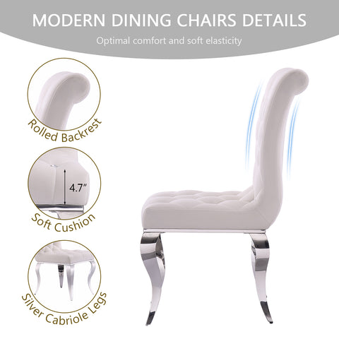 Title: Elevate Your Dining Experience with Stylish White Dining Chairs  Introduction: Creating an inviting and stylish dining space is essential for any home. One way to enhance the aesthetics of your dining room is by choosing eye-catching furniture pieces. In this blog post, we will explore the appeal of white dining chairs with diamond-shaped crystal decor and silver mirror stainless steel legs, and how they can add a touch of sophistication to your home.  Eye-Catching Design: The allure of these white dining chairs lies in their captivating design. The diamond-shaped crystal decor elegantly embellishes the backrest, adding a touch of glamour and sophistication. The silver mirror stainless steel legs lend a contemporary vibe to the chairs. These features combine to create a visually striking piece that will instantly elevate the style quotient of any dining space.  Premium Velvet Fabric: In addition to their stunning design, these chairs are made of premium velvet fabric, which adds a touch of luxury and comfort. The soft and delicate texture of the fabric provides a truly indulgent dining experience. Whether enjoying a family meal or hosting a dinner party, you and your guests will be seated in utmost comfort and style.  Unparalleled Comfort: Comfort should always be a top priority when selecting dining chairs. These upholstered dining chairs are filled with highly elastic sponges, ensuring a plush seating experience. The wide and high backrest offers great support and allows you to lean back and relax during meals or after-dinner conversations. Embrace a cozy dining experience with these chairs that prioritize both style and comfort.  Durability and Versatility: Constructed with solid stainless steel that can withstand up to 550 lbs, these chairs are durable and built to last. The polished silver mirror finish not only adds a touch of elegance but also ensures easy maintenance. The chairs' versatile design makes them suitable for various occasions, such as intimate dinners, hotels, restaurants, weddings, and ceremonial decorations. You can effortlessly adapt them to different settings and needs.  Conclusion: White dining chairs with diamond-shaped crystal decor and silver mirror stainless steel legs are a must-have addition for those looking to infuse their dining spaces with style and elegance. Their eye-catching design, premium velvet fabric, superior comfort, and versatility make them an excellent choice for any home. Elevate your dining experience and make a statement with these stunning chairs that seamlessly blend fashion and functionality.