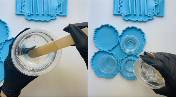 two images side by side, the one on the left shows clear epoxy being mixed with a paint stick held by a black gloved hand. You can see blue silicone molds in the background. The other image to the right shows clear epoxy resin being poured into a blue silicone mold against a white surface.
