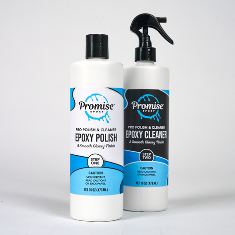a kit of promise epoxy polish and cleaner against a grey background