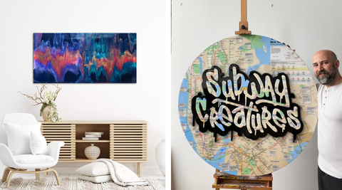 two epoxy resin wall art pieces next to each other. One is a fluid pour on a rectangular canvas hanging on a white wall, and the other is a round piece showing a map of an underground subway with epoxy resin coating on top.