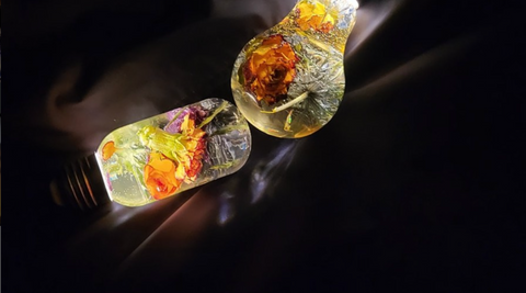 resin lamps and two lightbulbs with flowers inside glowing in the dark against a black background