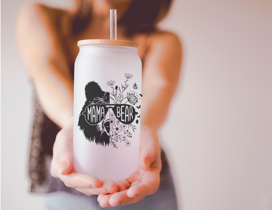 MAMA BEAR sublimated iced coffee design in frosted Glass cup