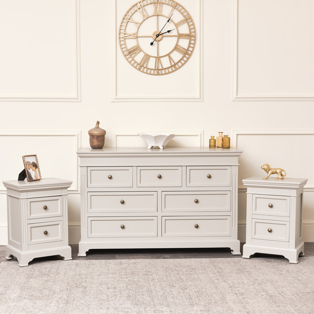 Large Taupe-Grey 7 Drawer Chest of Drawers & Pair of Bedside Tables - Daventry Taupe-Grey Range - Windsor Browne product image