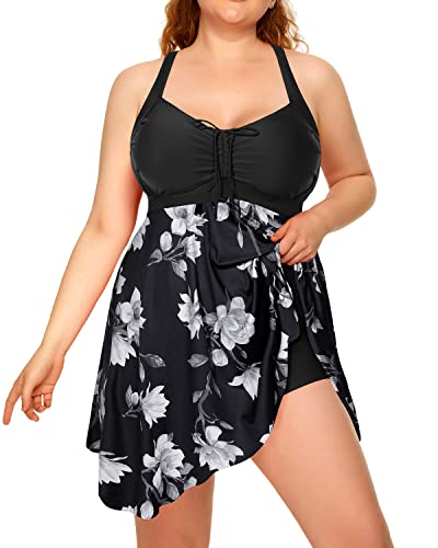 Sexy Cross-Back Plus Size Two Piece Swimdress Boyshorts For Women-Blac ...