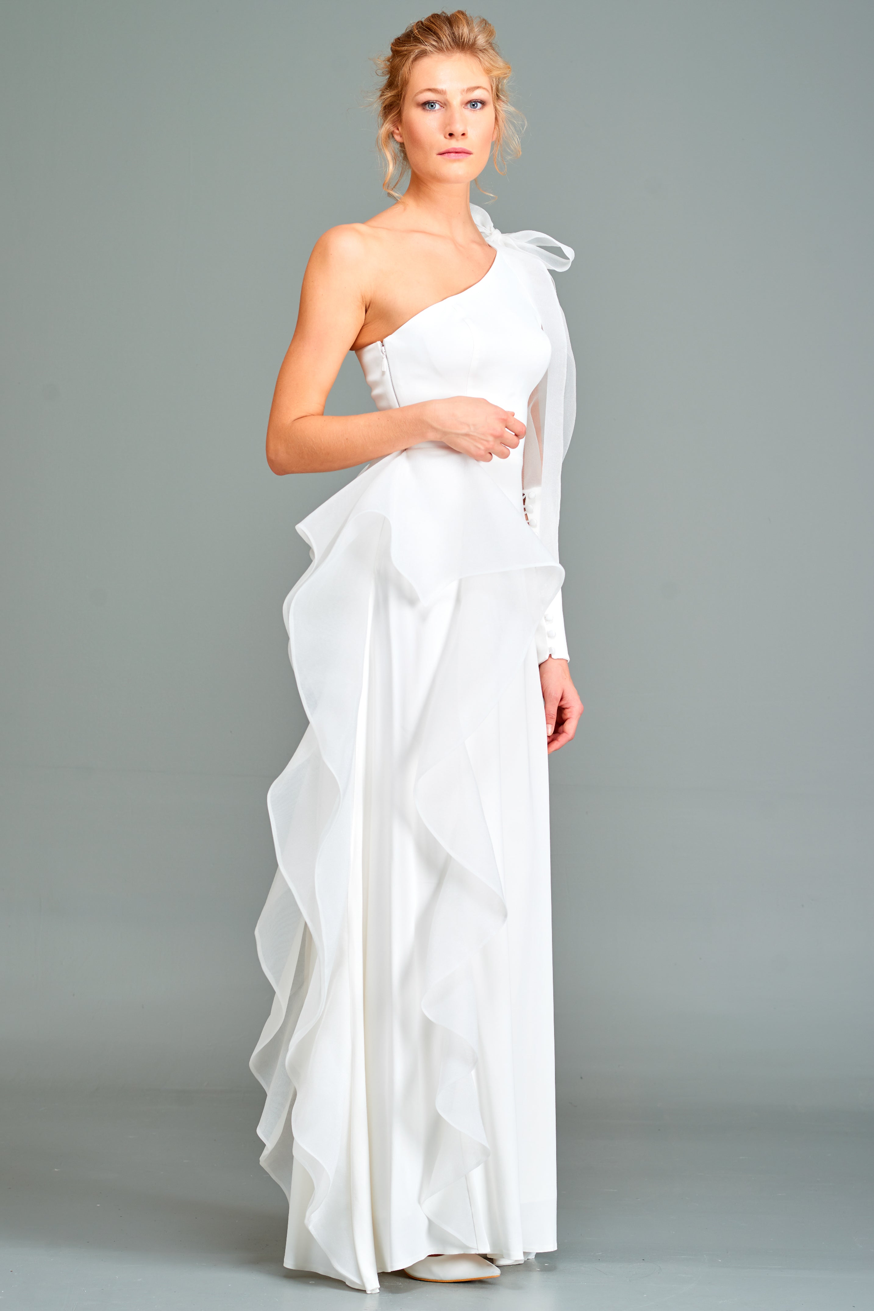 Asymmetric Gown with Ruffle Detail – John Paul Ataker