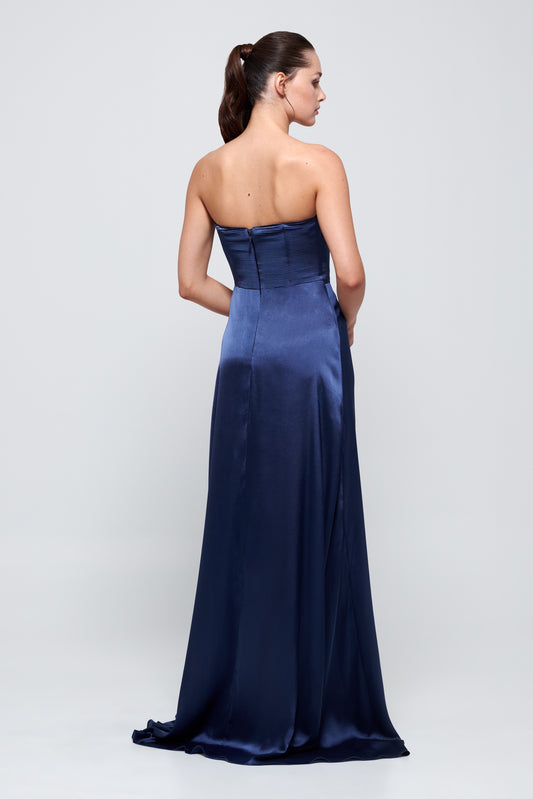 Sax Draped Asymmetrical Satin Dress