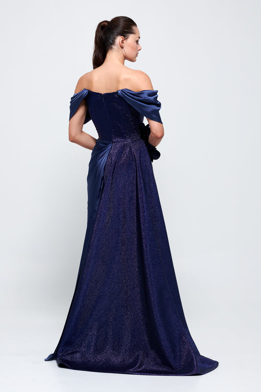 Navy Stretch Satin Faux Wrap Strapless Gown - Elements Unleashed