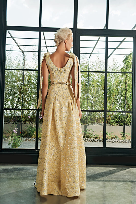 A-Line Flowered Jacquard Dress with Organza Bow Detail – John Paul Ataker