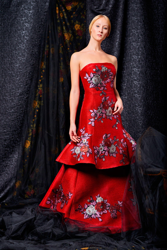 Dana Strapless Flower Applique Taffeta Extra Long Length Dress