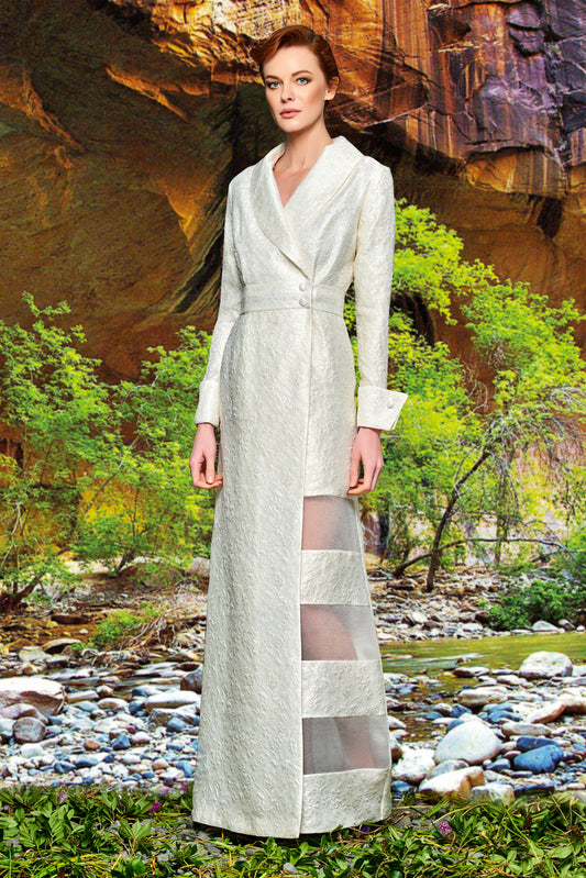 Organza Sleeve Metallic Crinkle Jacquard Long Jacket Dress