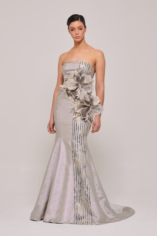 Strapless Floral Appliqués Long Gray Gown – John Paul Ataker