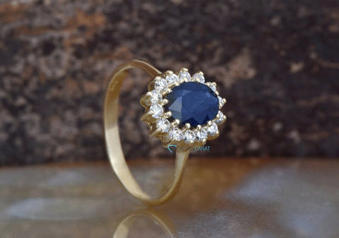 Sapphire halo engagement ring-Sapphire engagement ring vintage-Art deco engagement ring sapphire 18k yellow gold-Vintage engagement ring