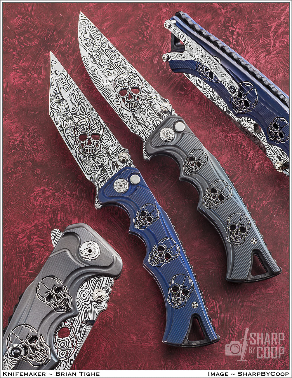 Tighe Fighter With Titanium Scales and Damasteel Blade and Clip with Pierced and Engraved Skulls.
