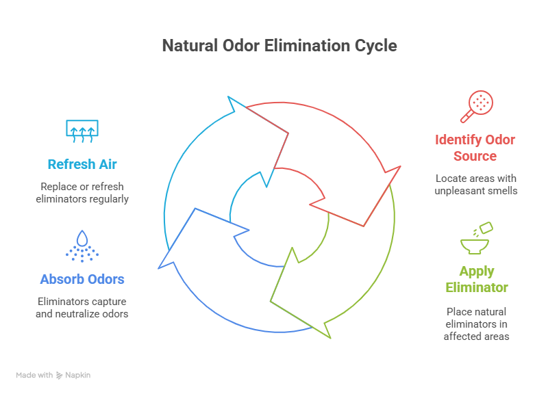 Infographic illustrating the natural odor elimination cycle, including steps to identify odor sources, apply odor eliminators, absorb odors, and refresh air with updated purifiers or ventilation.