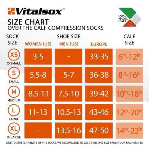 Compression sock sizing chart for Vital Socks