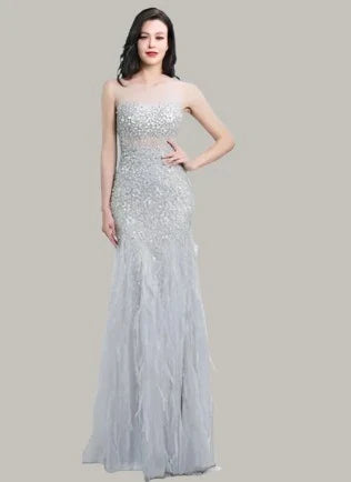 Beaded Feathers Mermaid Floor Length Dress