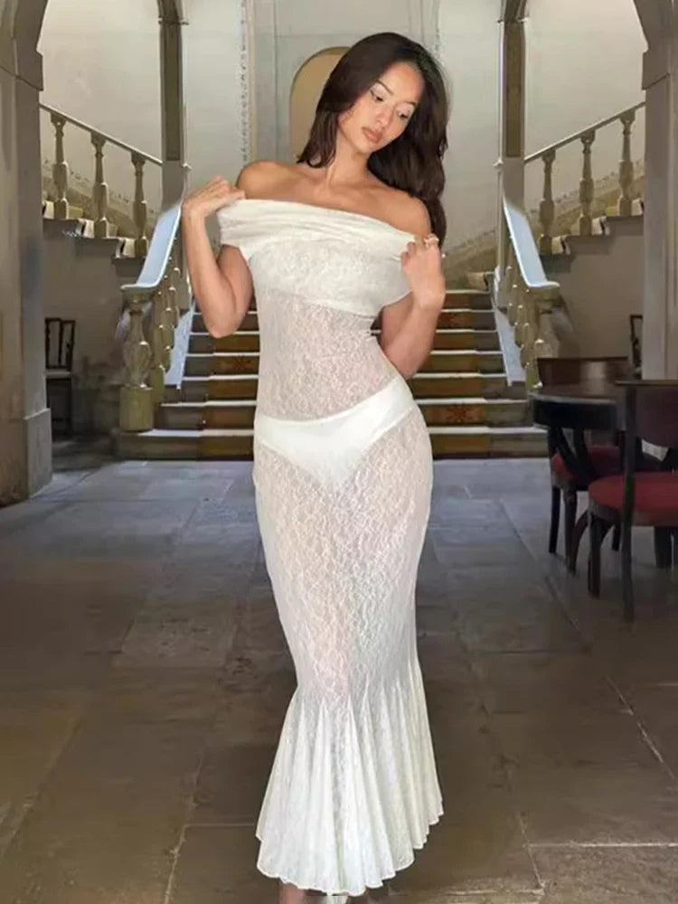 Lace Dress with Open Back & Fishtail Detail