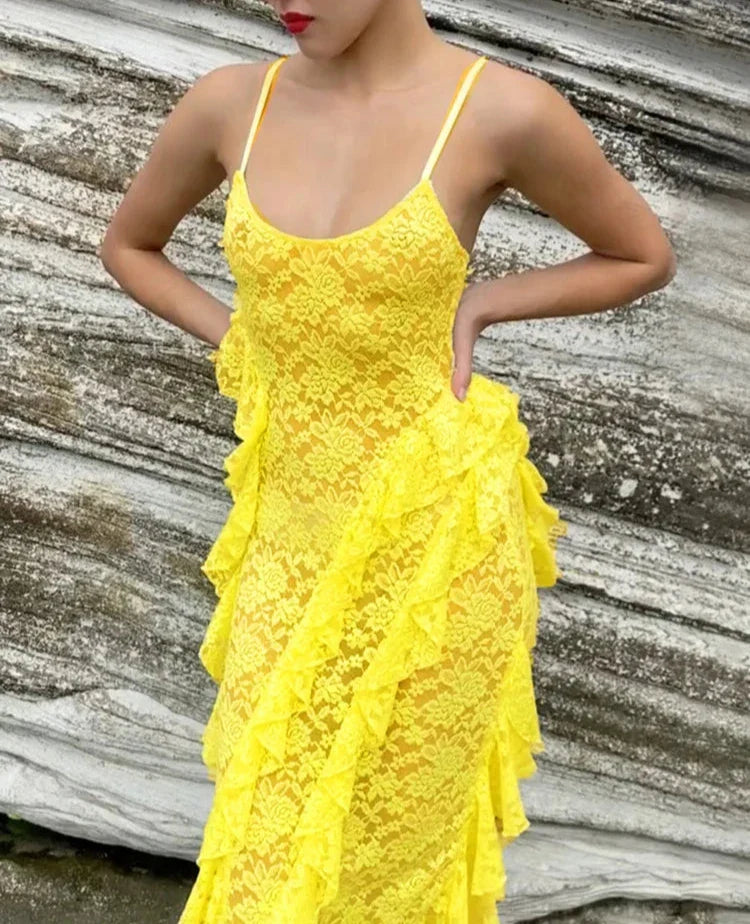 Lace Coquette Ruffle See Through Split Long Dress
