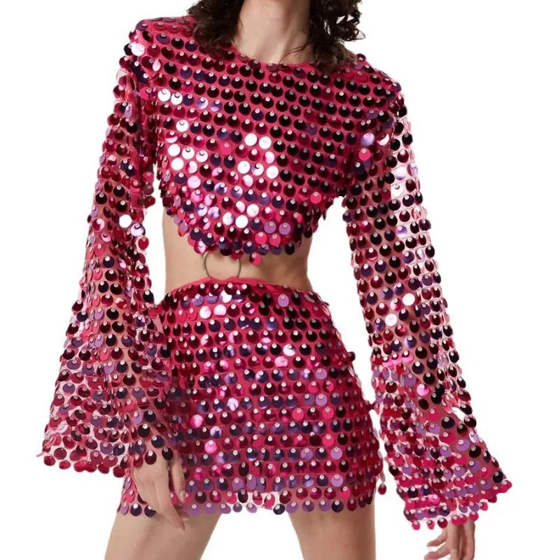 Solid Color Flare Sleeved Sequin Mini Dress