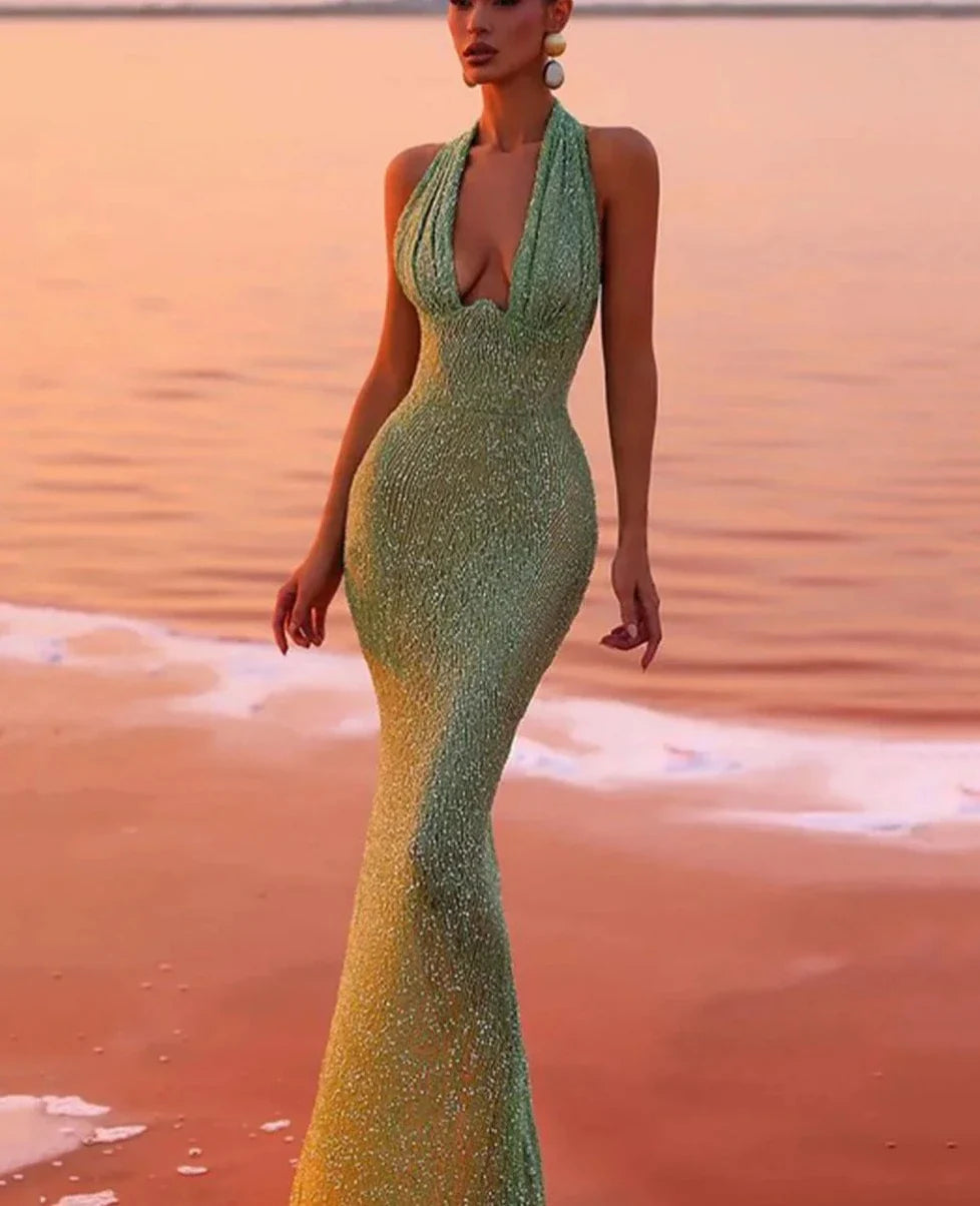 Halter Solid Green Sequined Long Dress