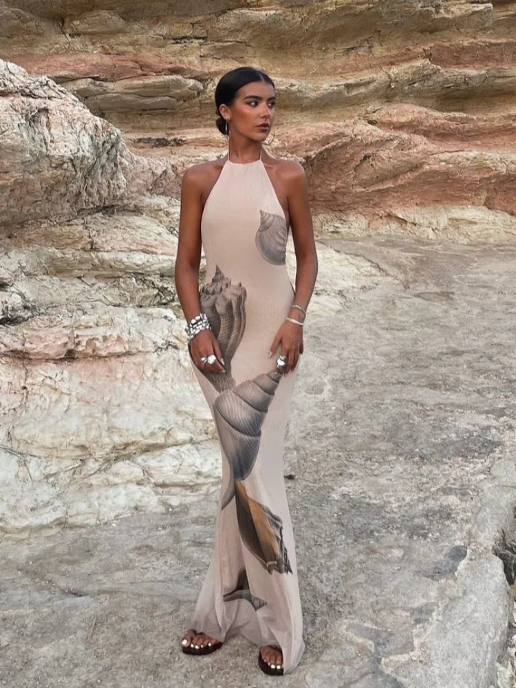 Conch Print Halter Off Shoulder Long Dress