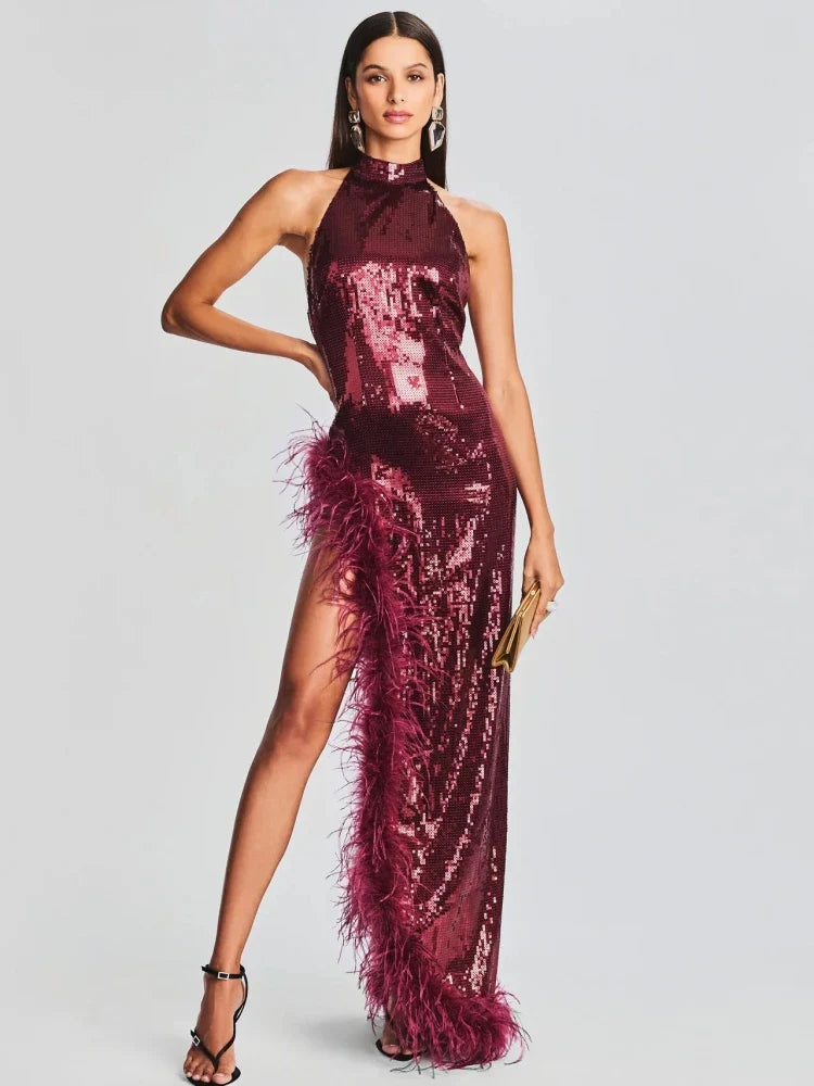 Feather Sequin Open Back Wine Red Dress