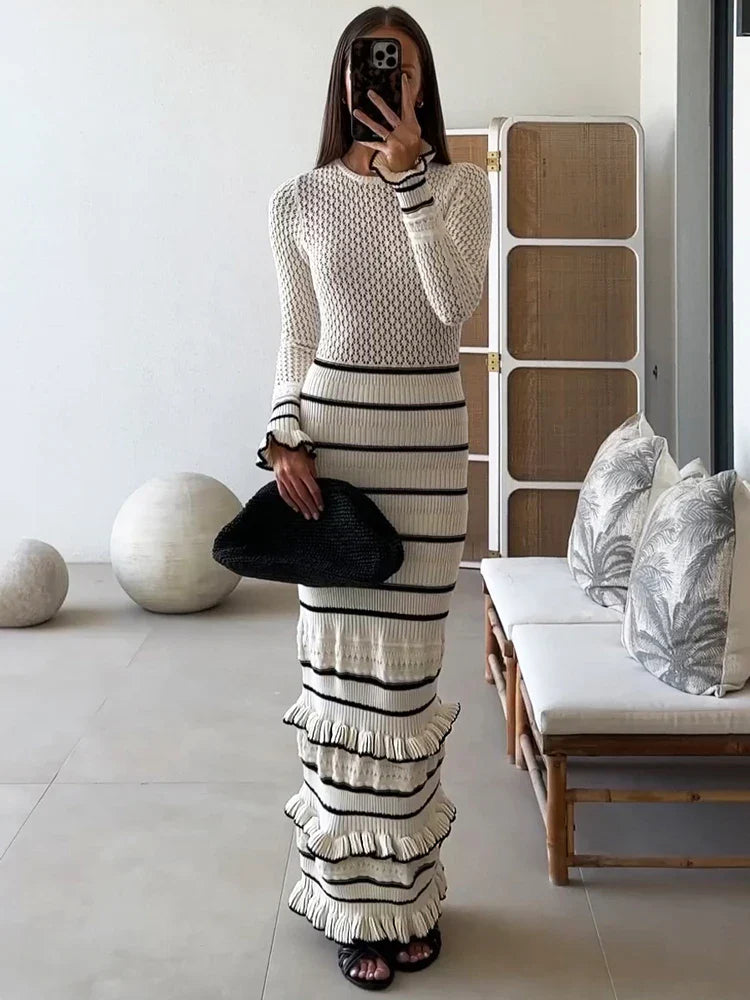Striped Knit Maxi Dress Playful Ruffles & Luxurious Style