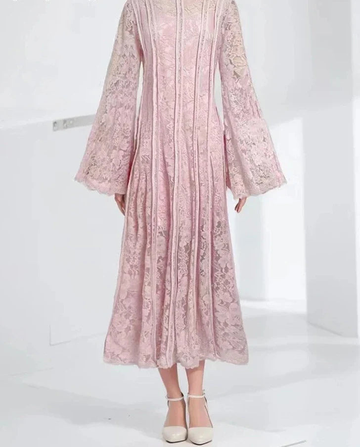 Embroidery Stand Collar Flare Sleeve Lace Dress