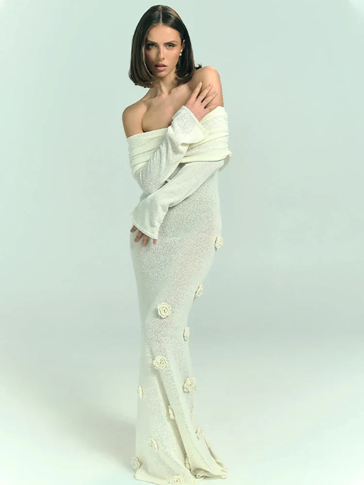 Off Shoulder 3D Flowers Long Sleeve Dress