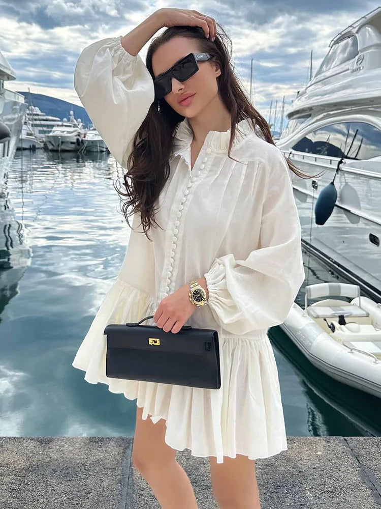 White Ruffle Mini Dress Long Sleeves & Button
