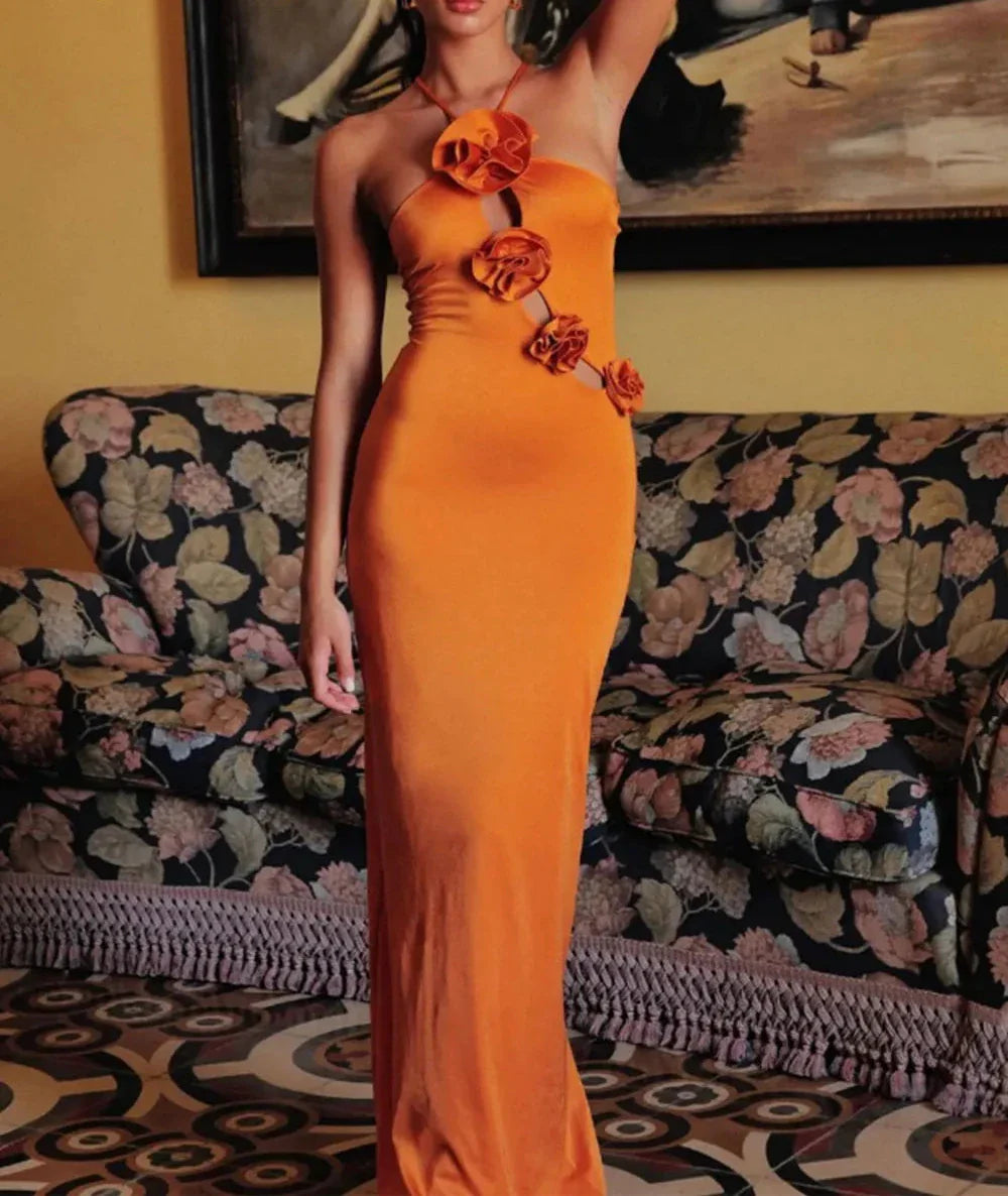 3D Flower Satin Dress with Hanging Neck