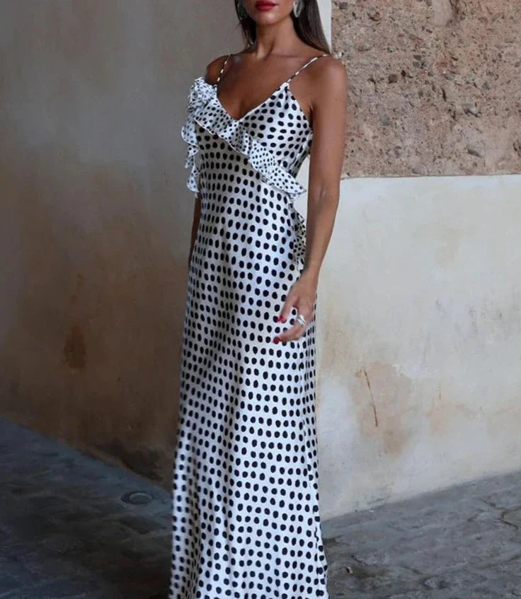 Dot Printed Ruffles Spaghetti Strap Long Dress