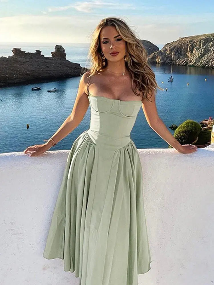 Women Solid Pleated Sleeveless Midi Dress