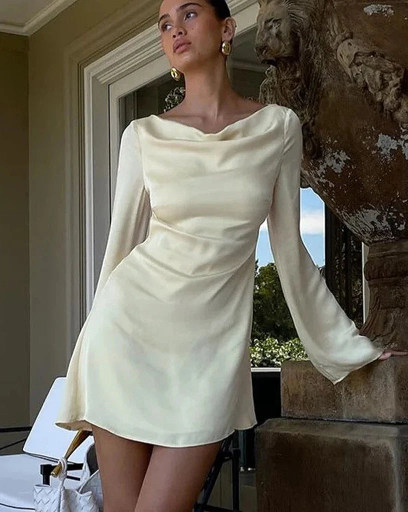 Satin O-Neck Long Sleeve Open Back Mini Dress