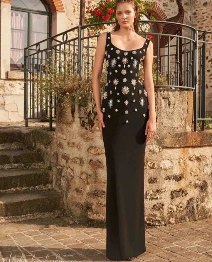 Diamonds Brooch-Embellished Black Maxi Dress