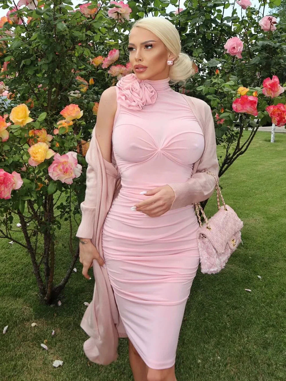Turtleneck 3D Flowers Sleeveless Pink Midi Dress