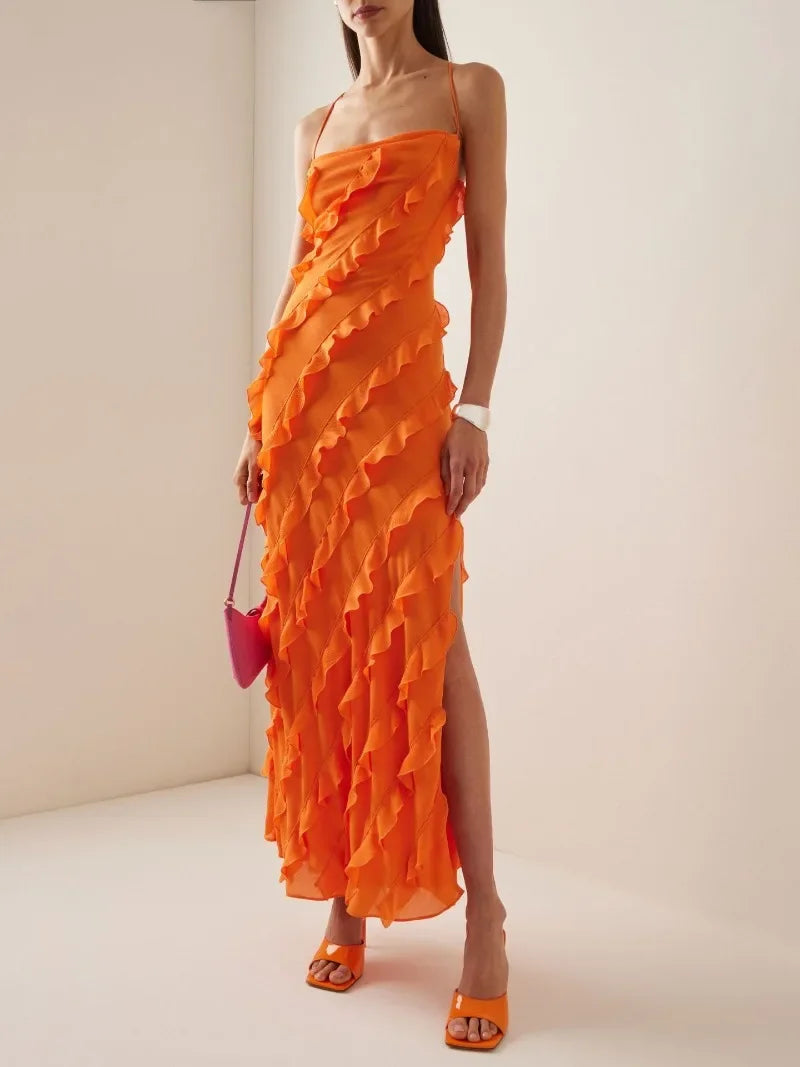 Strapless Open Back Ruffles Long Dress