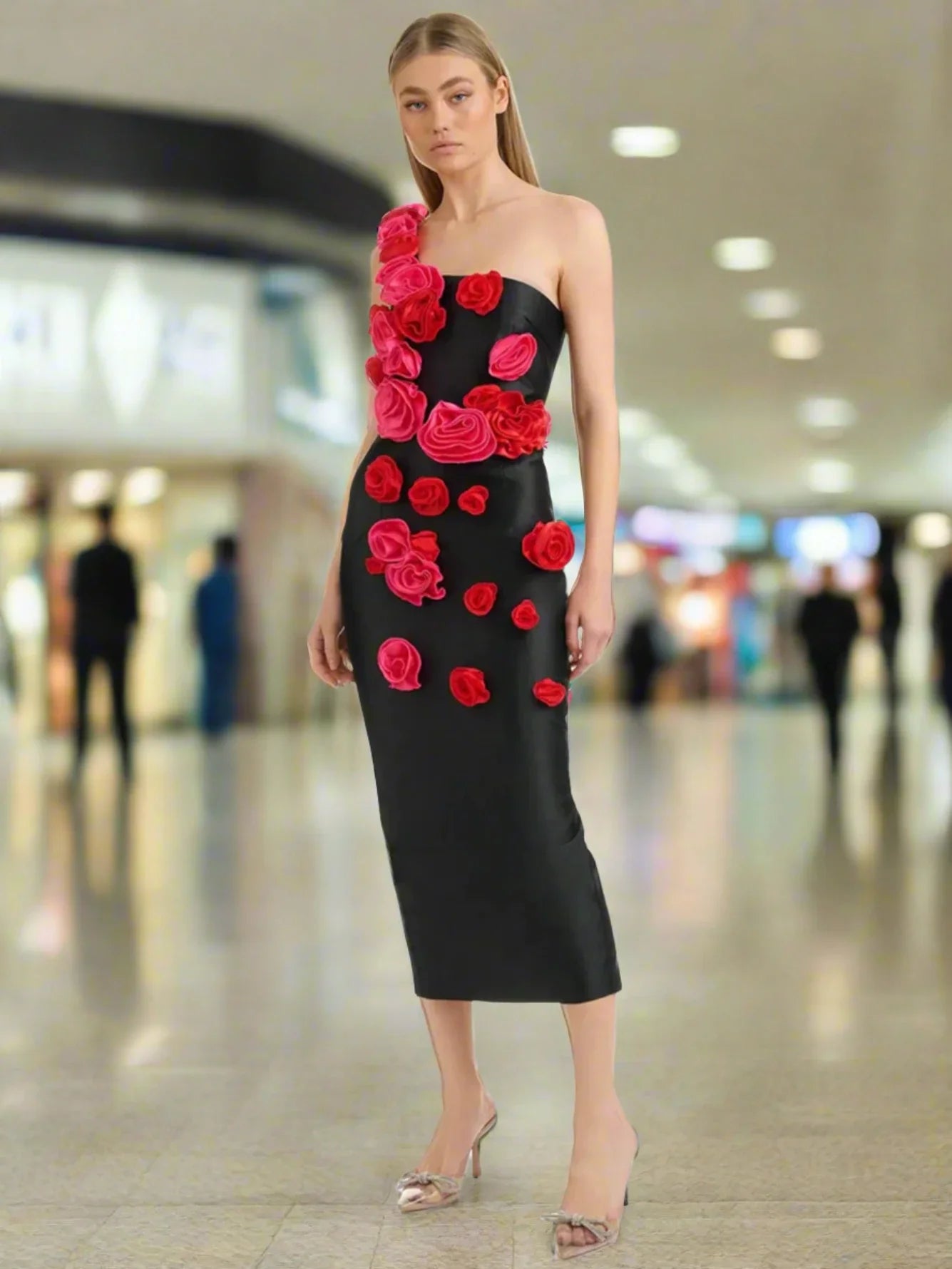 Black One Shoulder 3D Flower Dress