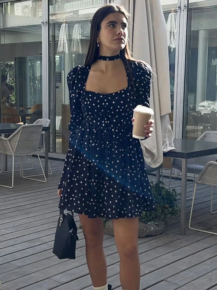 Folds Print Long Sleeve Floral Black Mini Dress